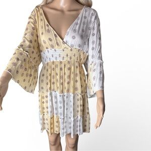 Millennium Brand Boho Bell Sleeve Dress In Yellow/White Size 1X